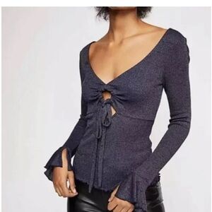 Intimately Free People Say When Blue Metallic Long Sleeve Top Shirt Size XS